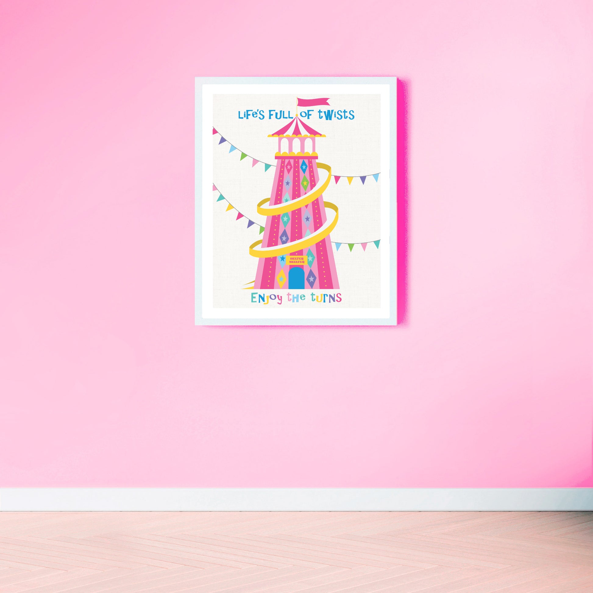 Artwork of a colorful fairground ride with text on a pink wall.