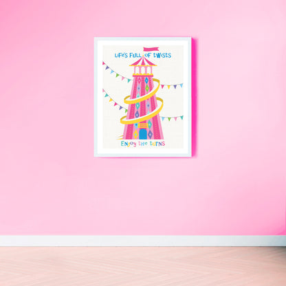 Artwork of a colorful fairground ride with text on a pink wall.