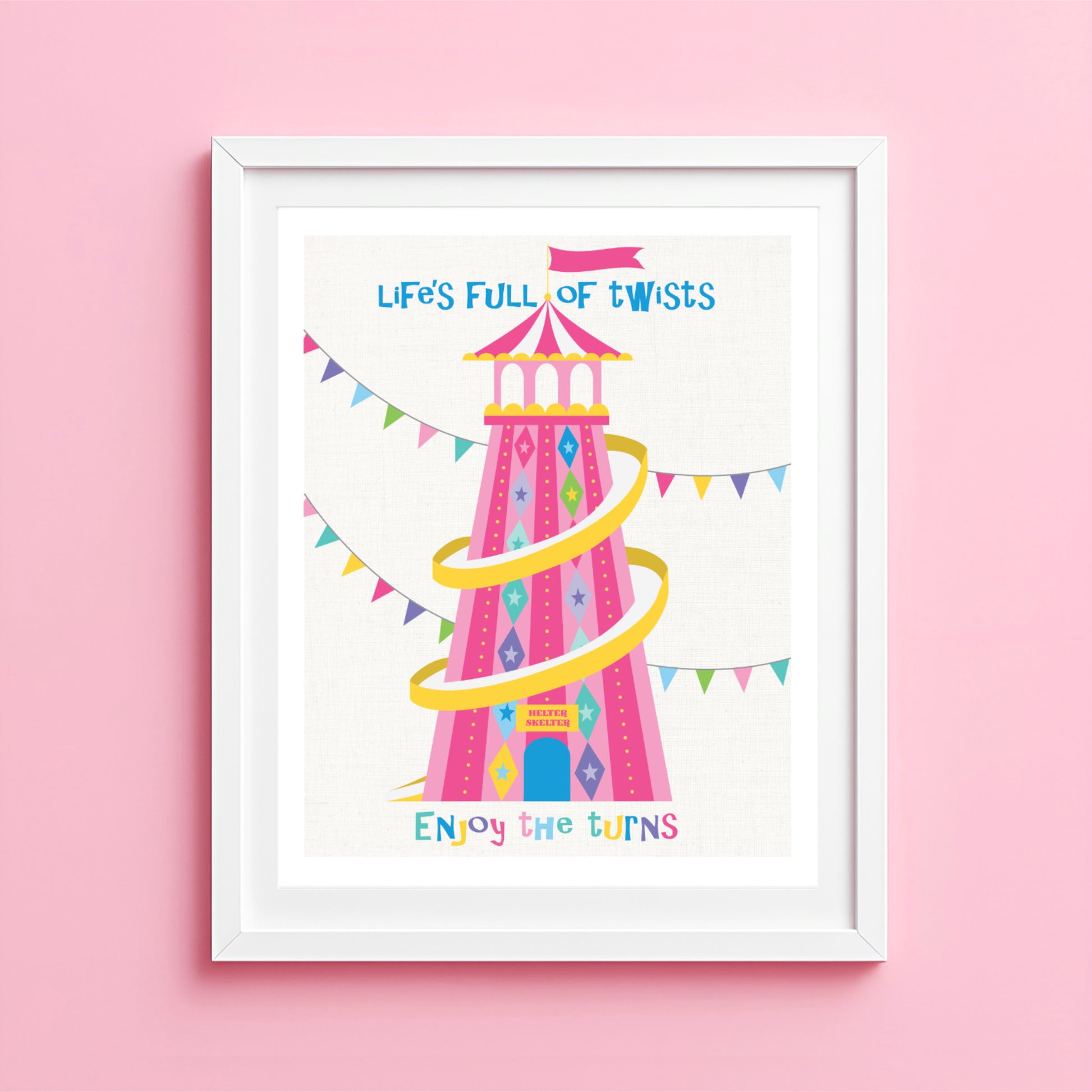 illustration of a pink heater skater fairground tower with colorful text on a pink background