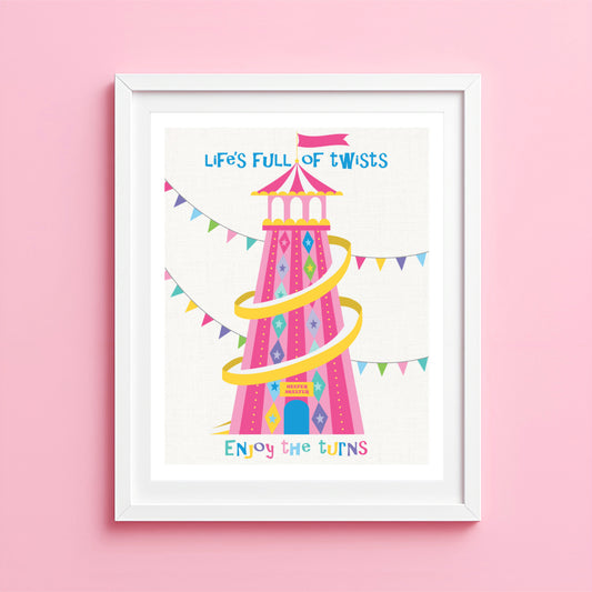 illustration of a pink heater skater fairground tower with colorful text on a pink background