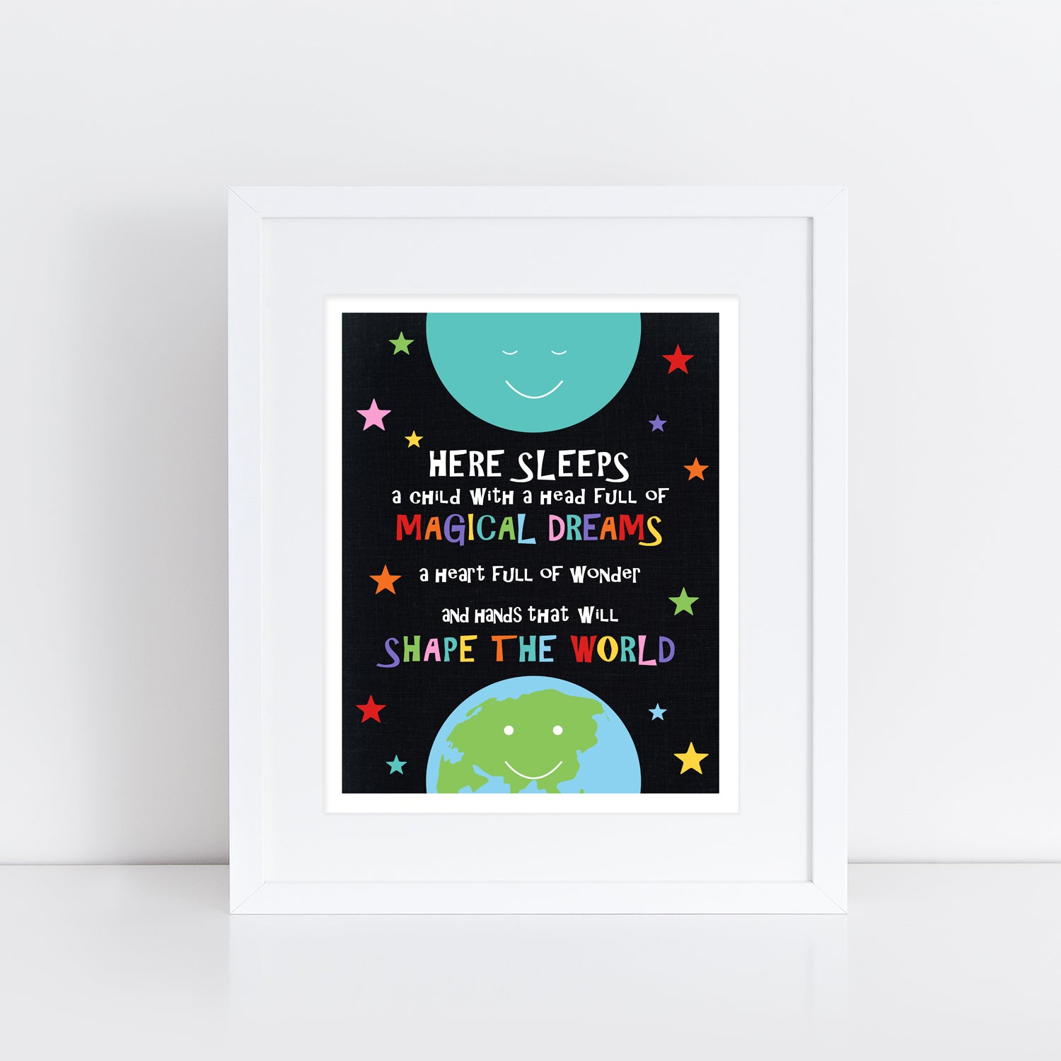 'Here sleeps a child'  illustration of colourful stars, a moon and the Earth.