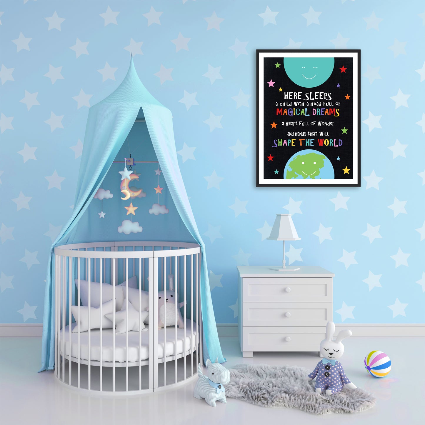blue space themed nursery with star wallpaper and colourful space print with inspirational quote
