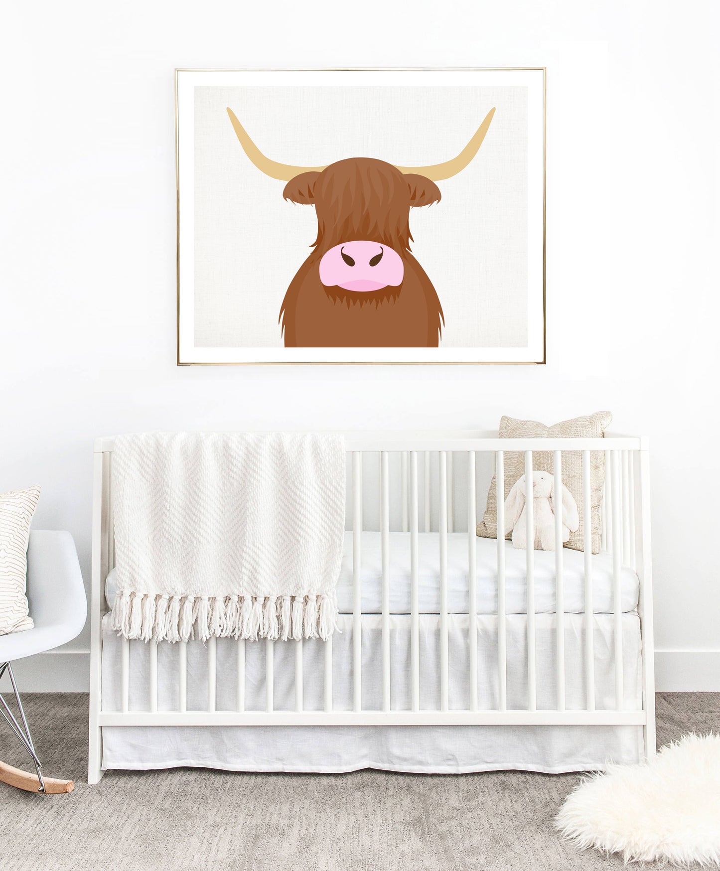 highland cow poster in white kids bedroom nursery