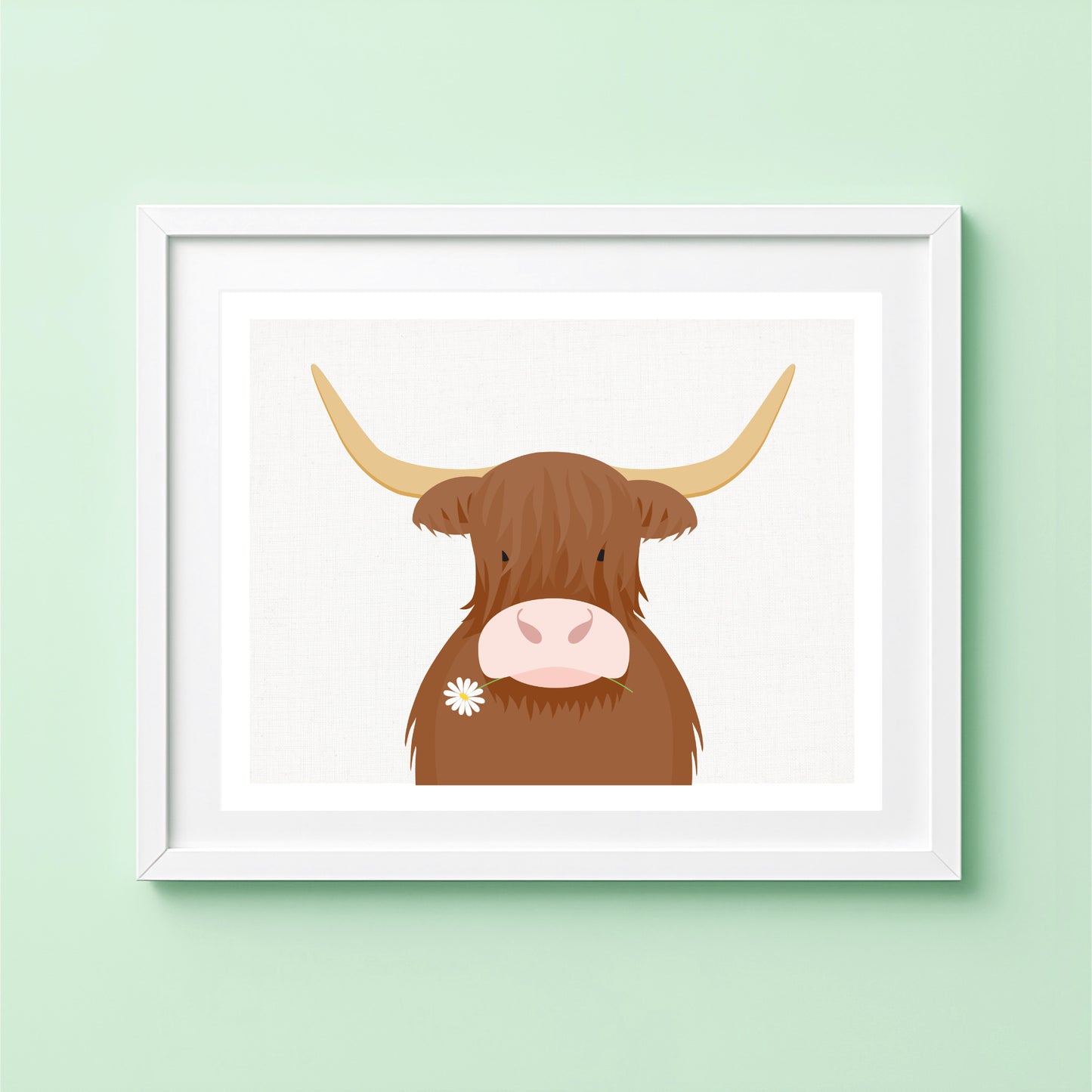 Highland cow wall art displayed on a green wall,, featuring a brown Highland cow holding a daisy against a soft linen-textured background.