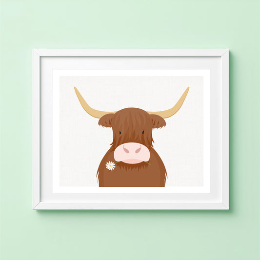 Highland cow wall art displayed on a green wall,, featuring a brown Highland cow holding a daisy against a soft linen-textured background.
