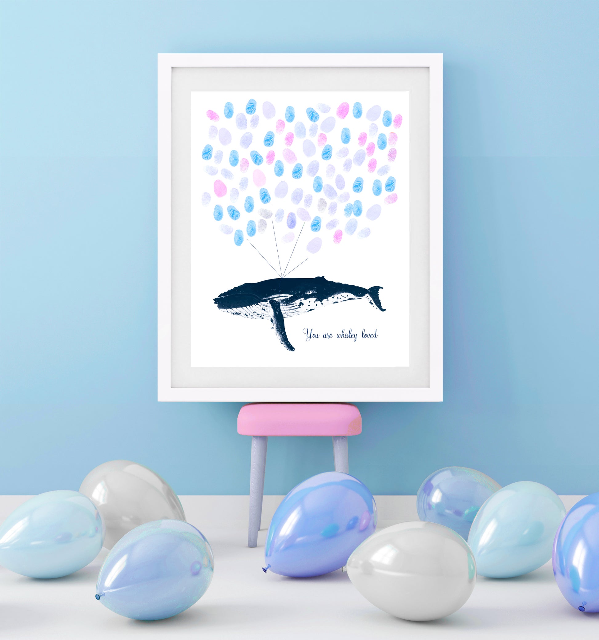 Humpback Whale Fingerprint Guest Book in a blue party room surrounded by balloons