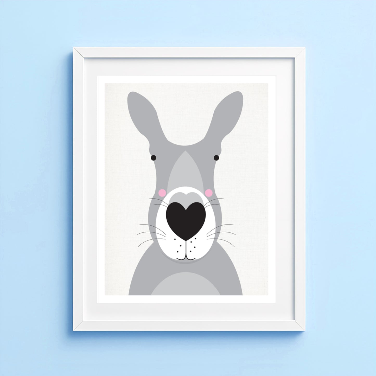 Illustration of a gray kangaroo with a heart nose on a blue wall
