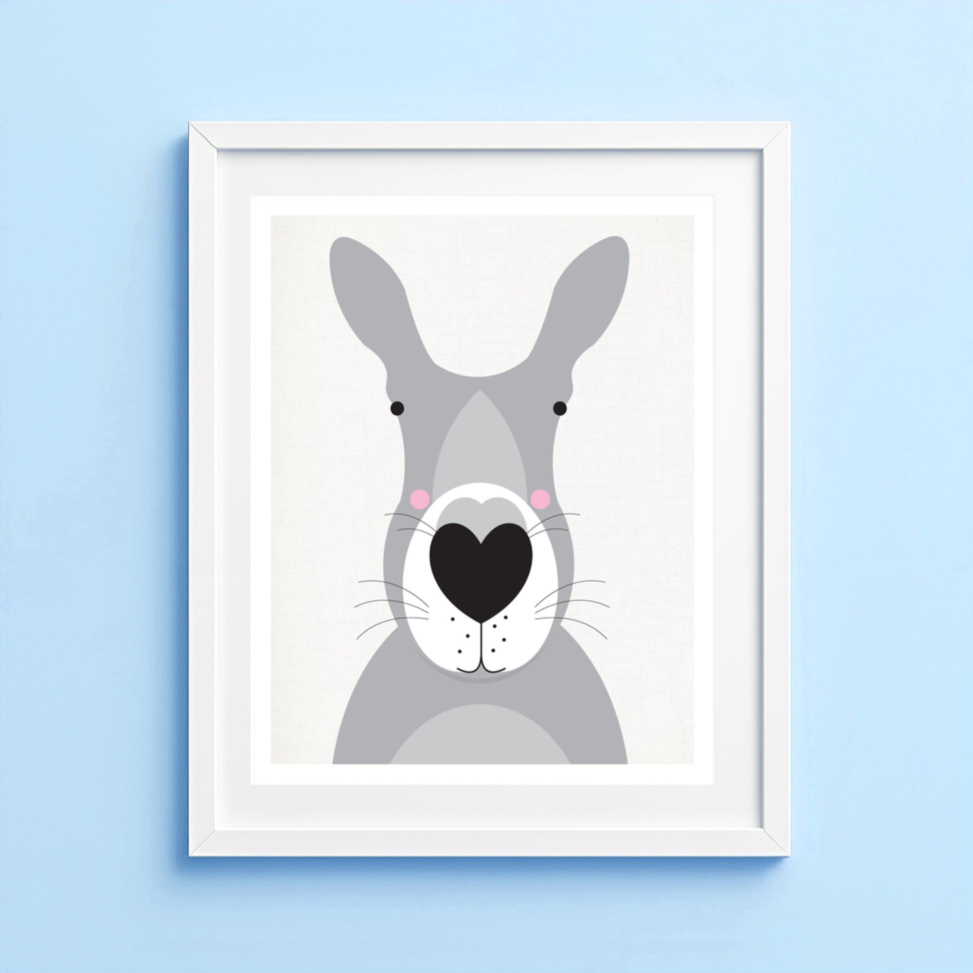 Illustration of a gray kangaroo with a heart nose on a blue wall