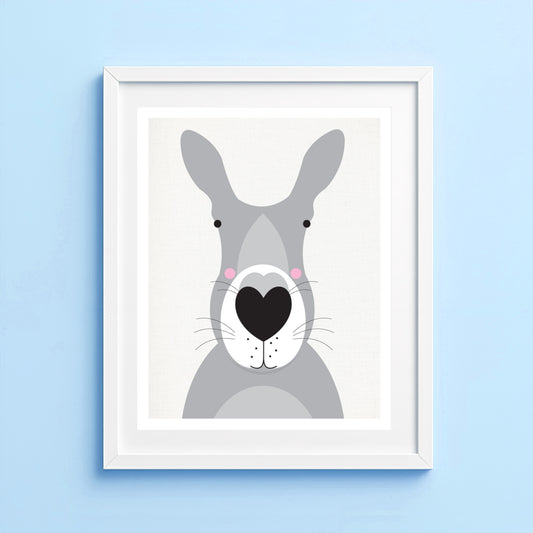 Illustration of a gray kangaroo with a heart nose on a blue wall