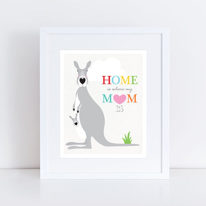cute kangaroo and joey print reads home is where my mum is