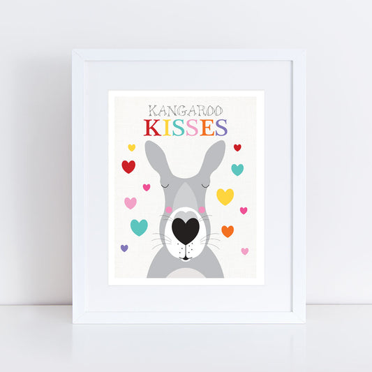fun and bright nursery print of an Australian animal kangaroo blowing kisses with little colourful hearts.