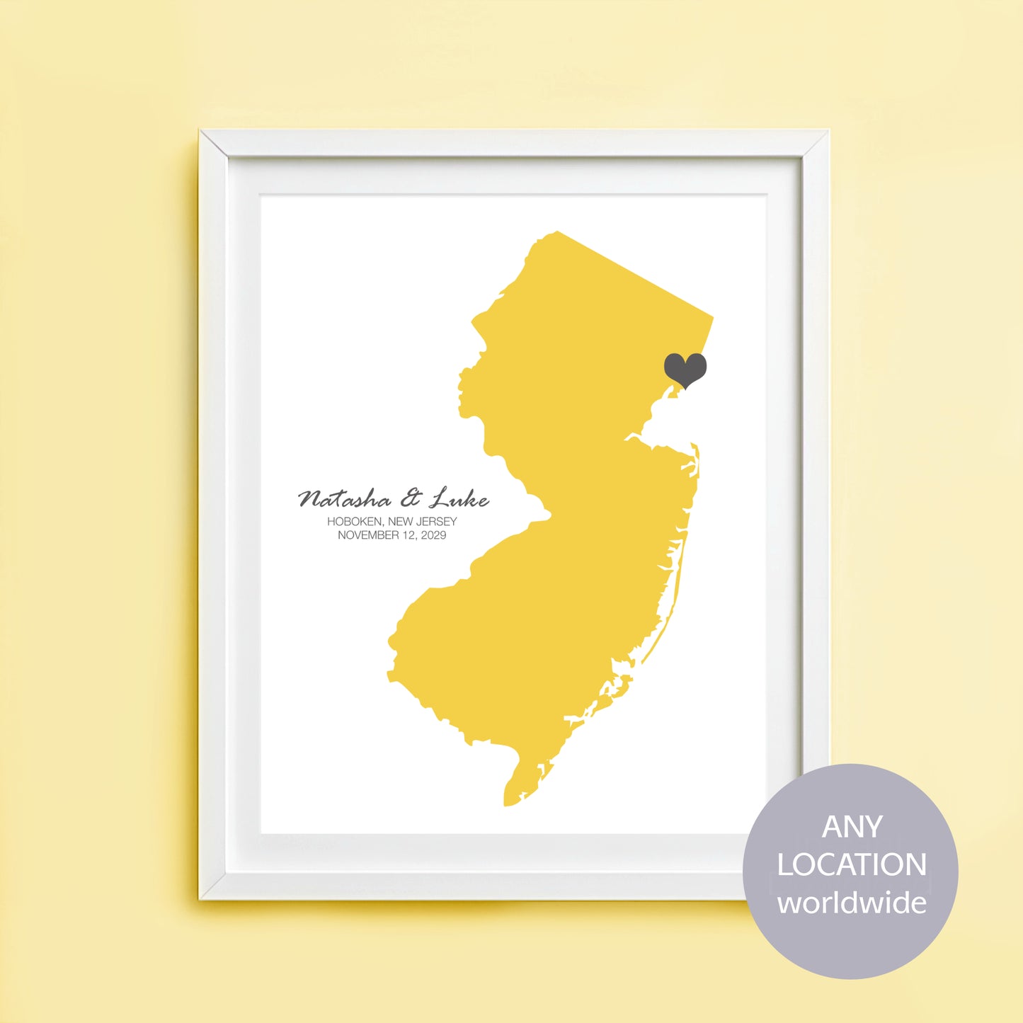 Personalised wedding map print showing any location worldwide with heart marker custom names and date keepsake wall art