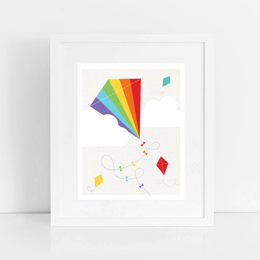 rainbow kite flying in clouds print