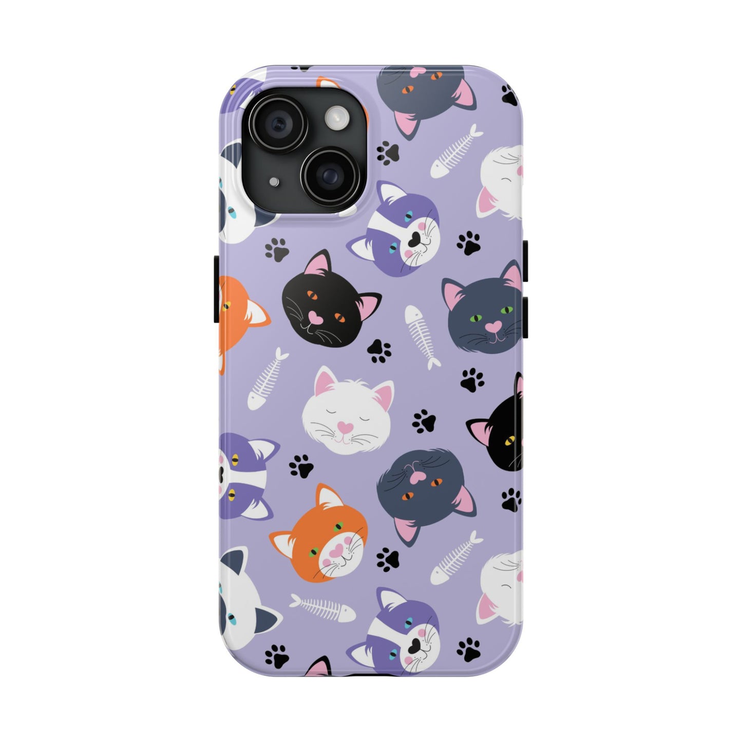 adorable phone case showcases colourful cat faces on a lavender background, complete with playful paw prints and fishbone motifs. Perfect for cat lovers