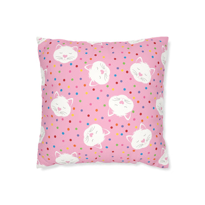 cute cushion cover features adorable, sleepy white cat faces with heart-shaped noses, set against a soft pink background sprinkled with colourful polka dots.