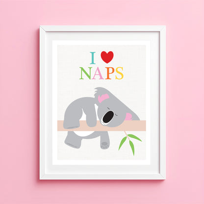 Artwork with a koala, 'I ❤️ NAPS' text on a pink background