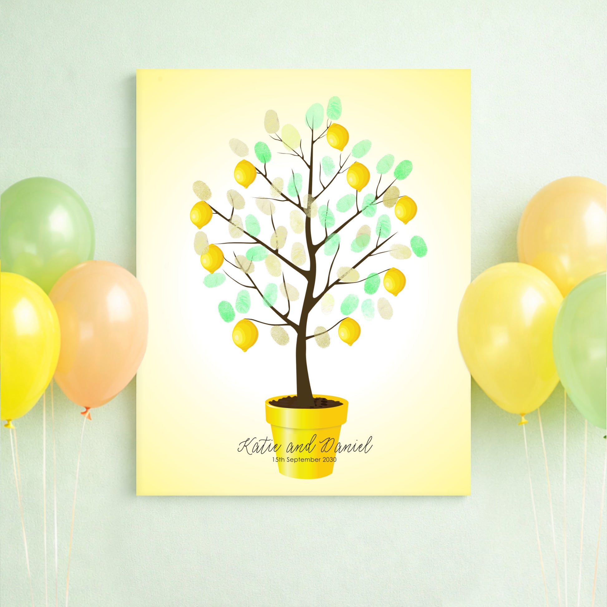Decorative wall art guest book poster with a lemon tree design on a yellow background, surrounded by colorful balloons.