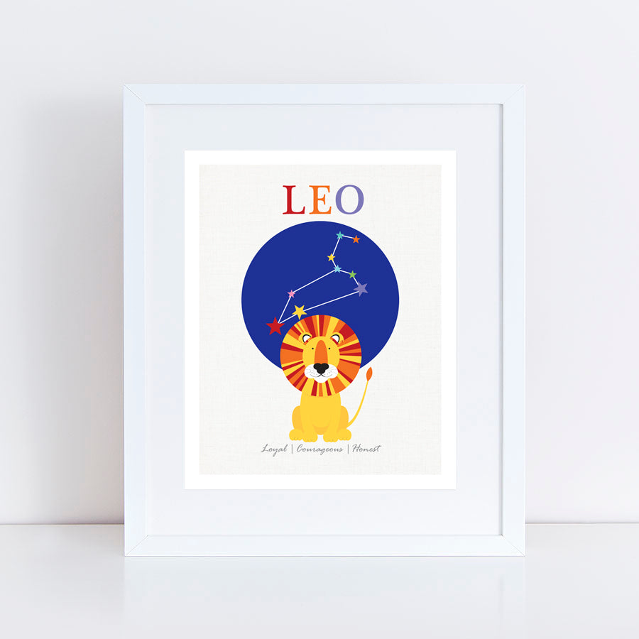 Leo lion kids zodiac print in white frame