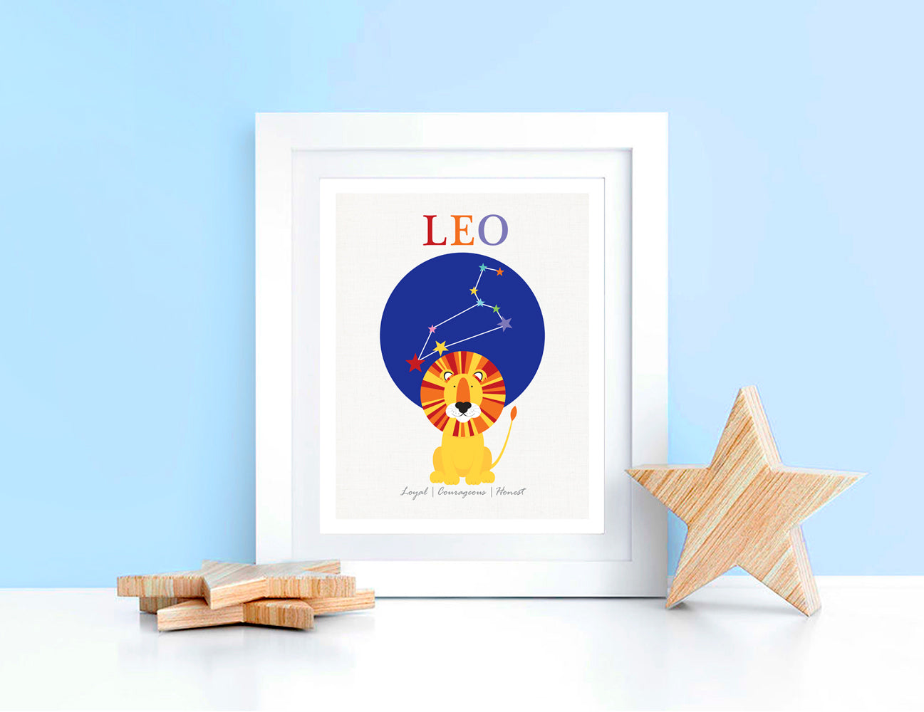 Leo the lion zodiac art print in a frame in a blue kid's room