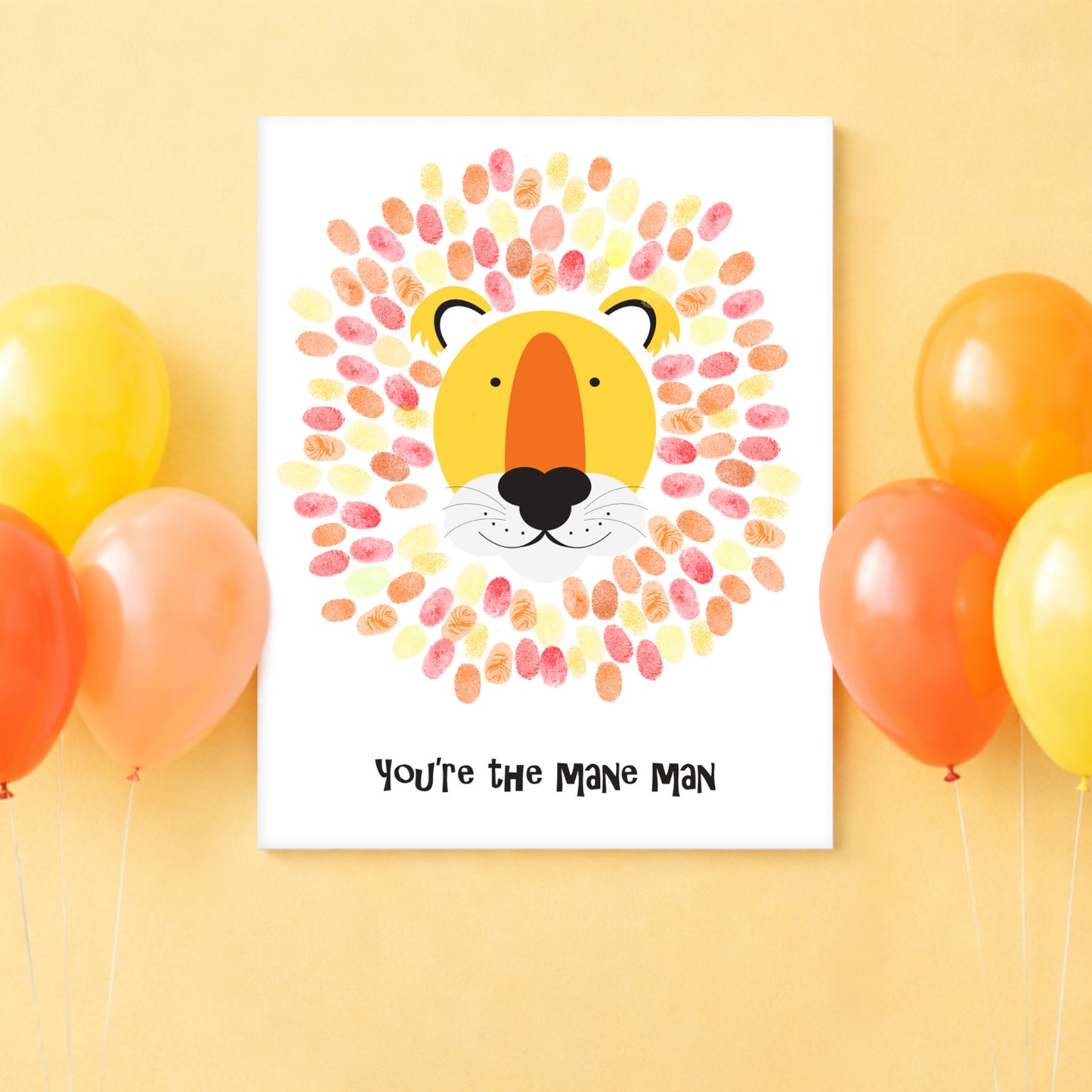 Lion face made of fingerprint art with balloons on a yellow background