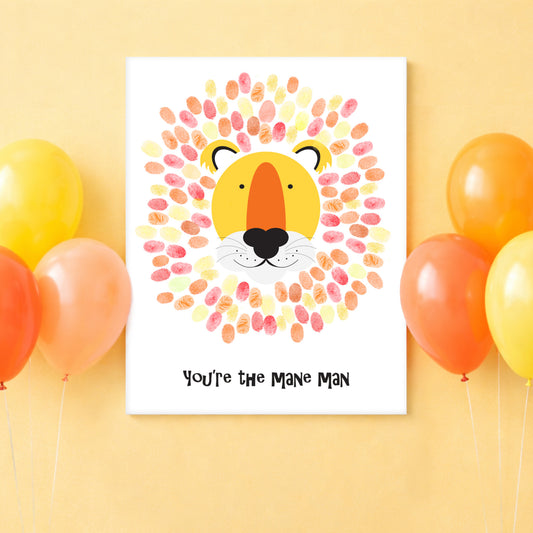 Lion face made of fingerprint art with balloons on a yellow background