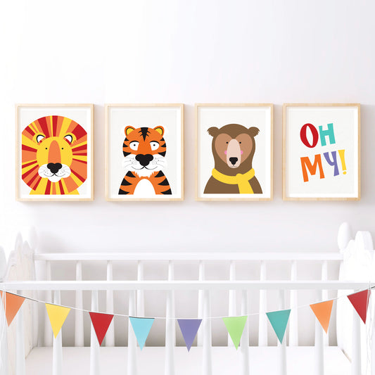 set of four prints in a nursery Lions and tigers and bears, oh my! 