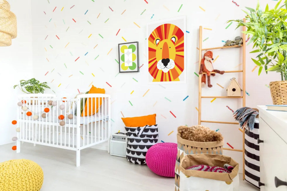 colourful nursery with big lion print