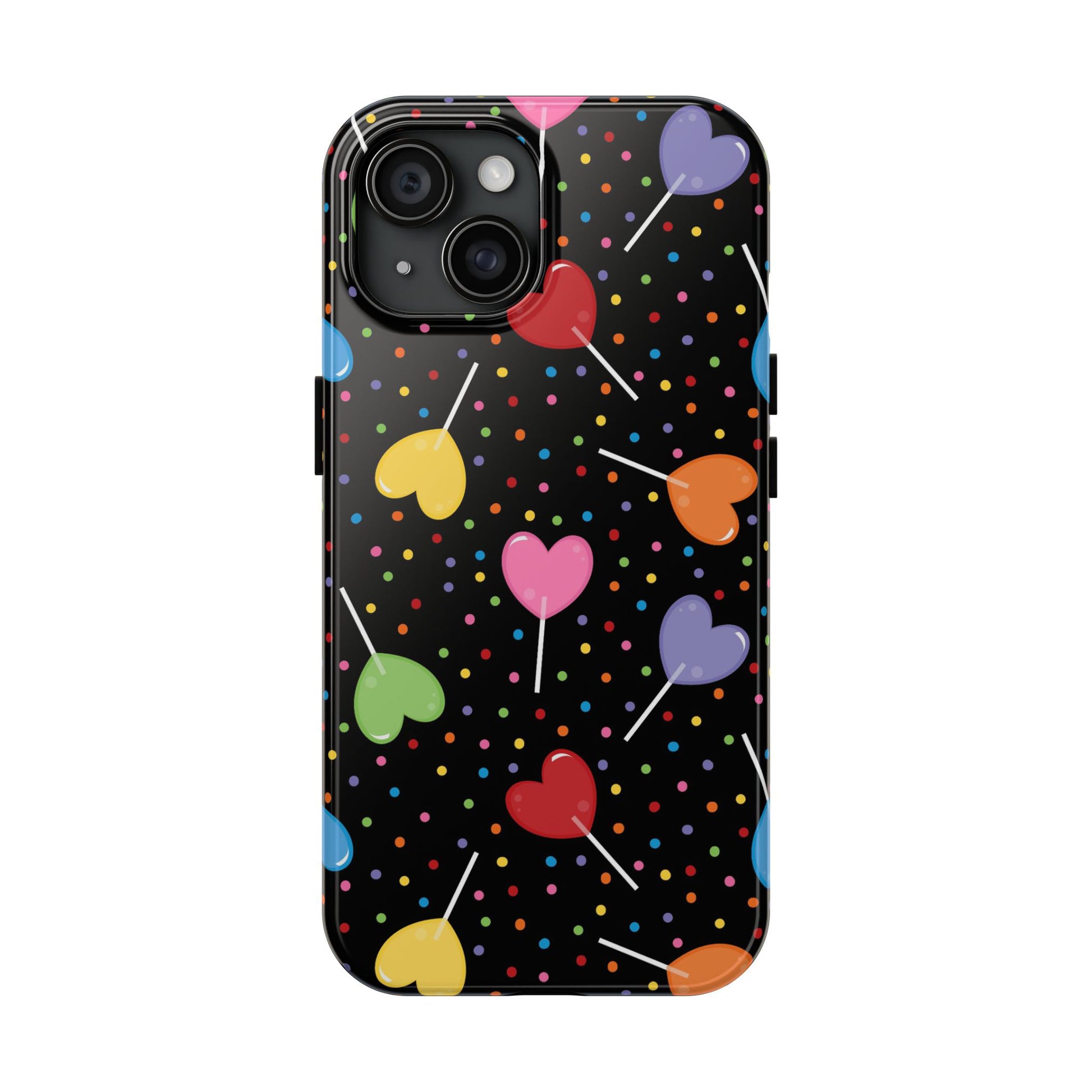 phone case features a fun pattern of vibrant, heart-shaped lollipops scattered across a playful backdrop of colourful polka dot sprinkles