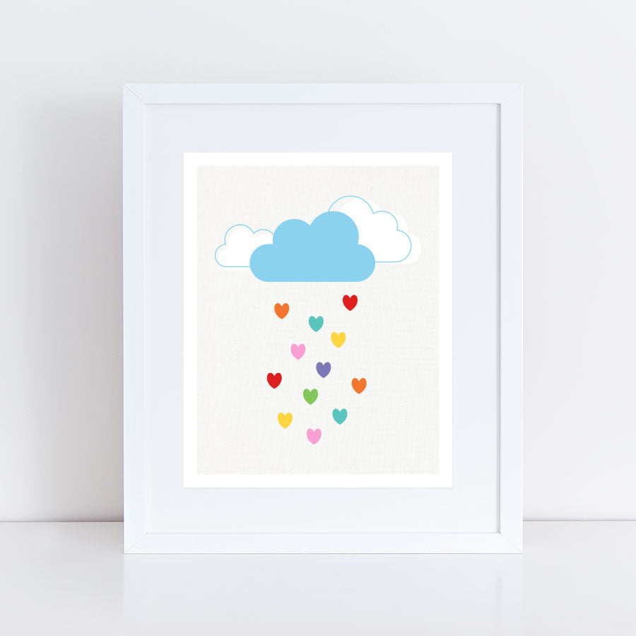 pretty print of a cloud raining colourful rainbow hearts 