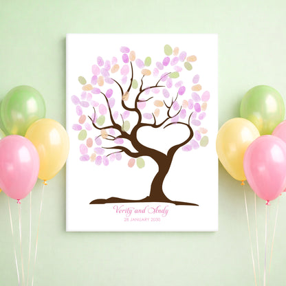 Fingerprint tree with colorful balloons on a light green background