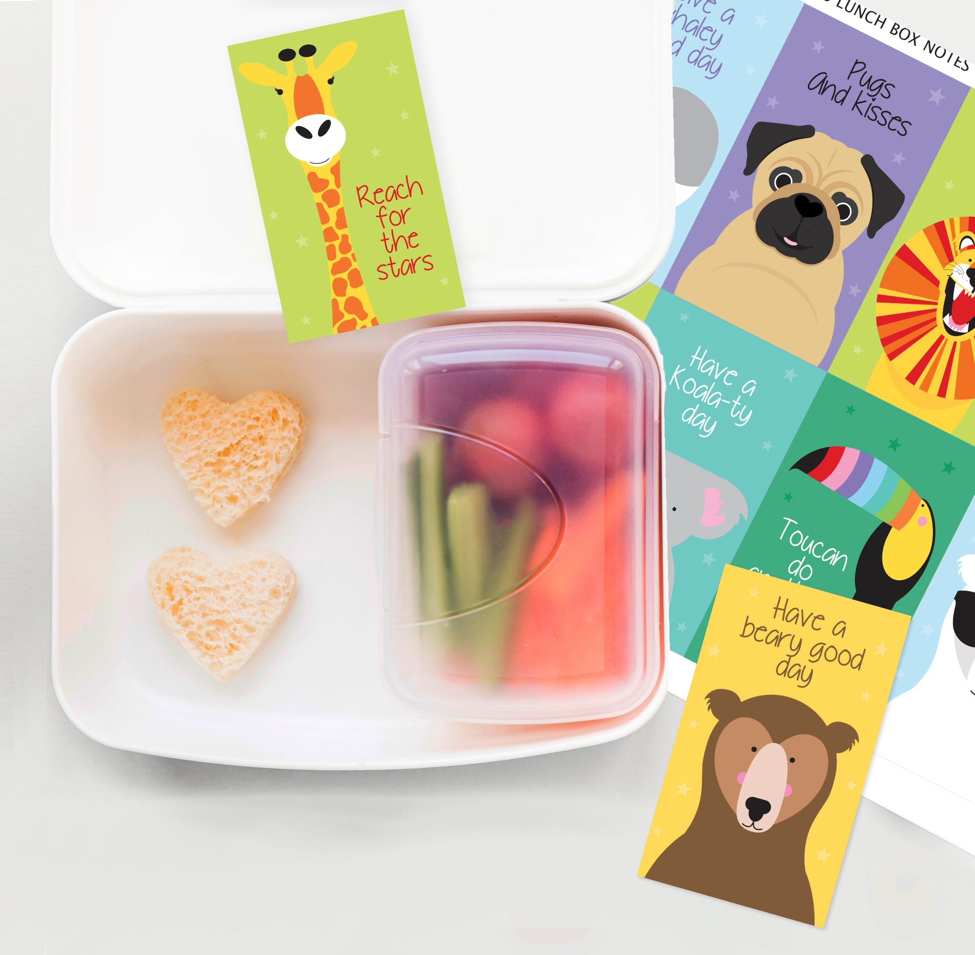 cute little lunch box notes for kids with positive messages and cute animal illustrations scattered around a lunch box