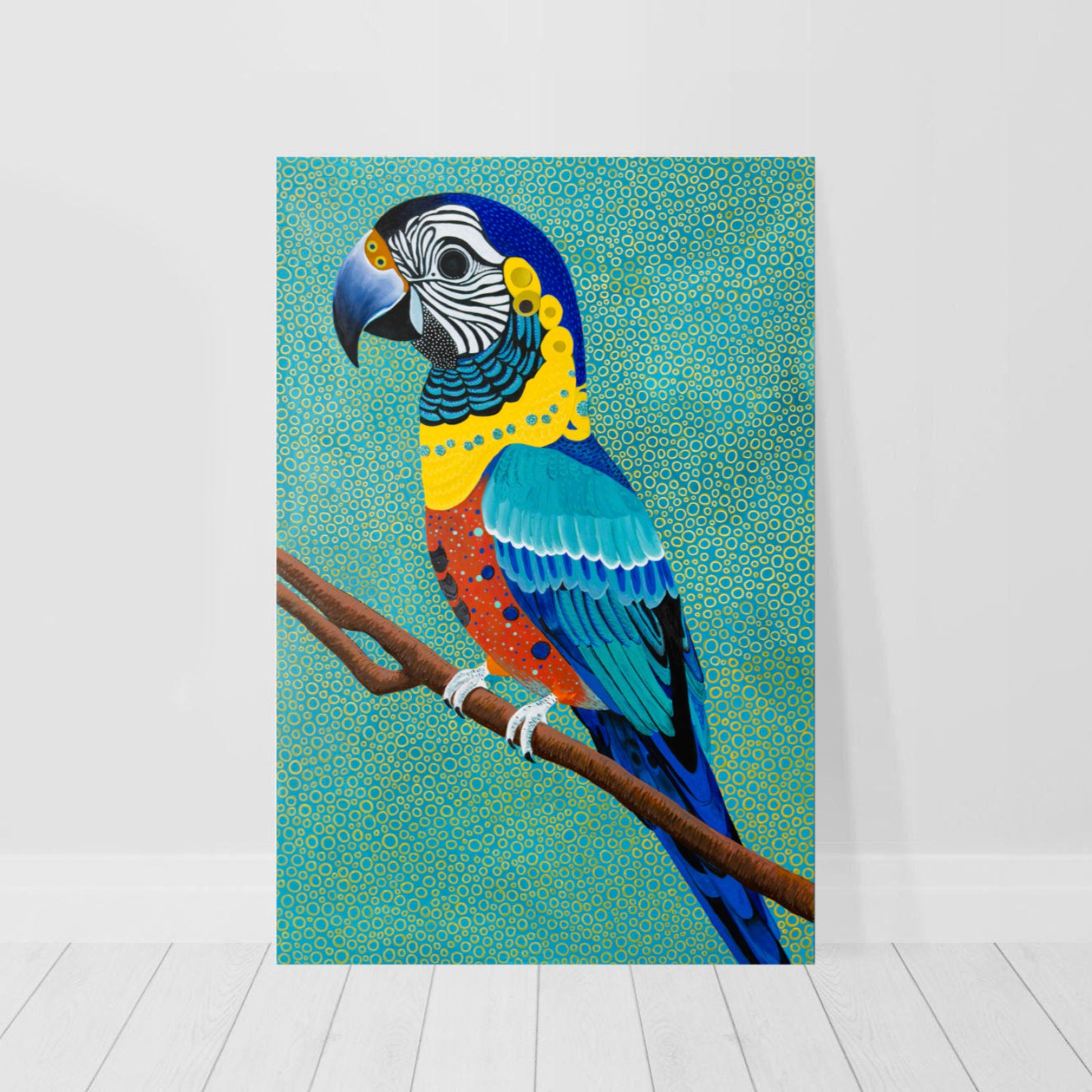 vibrant macaw parrot print in a room