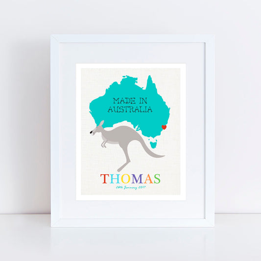 'Made in Australia' colourful print personalised artwork with kids name and birth date and kangaroo
