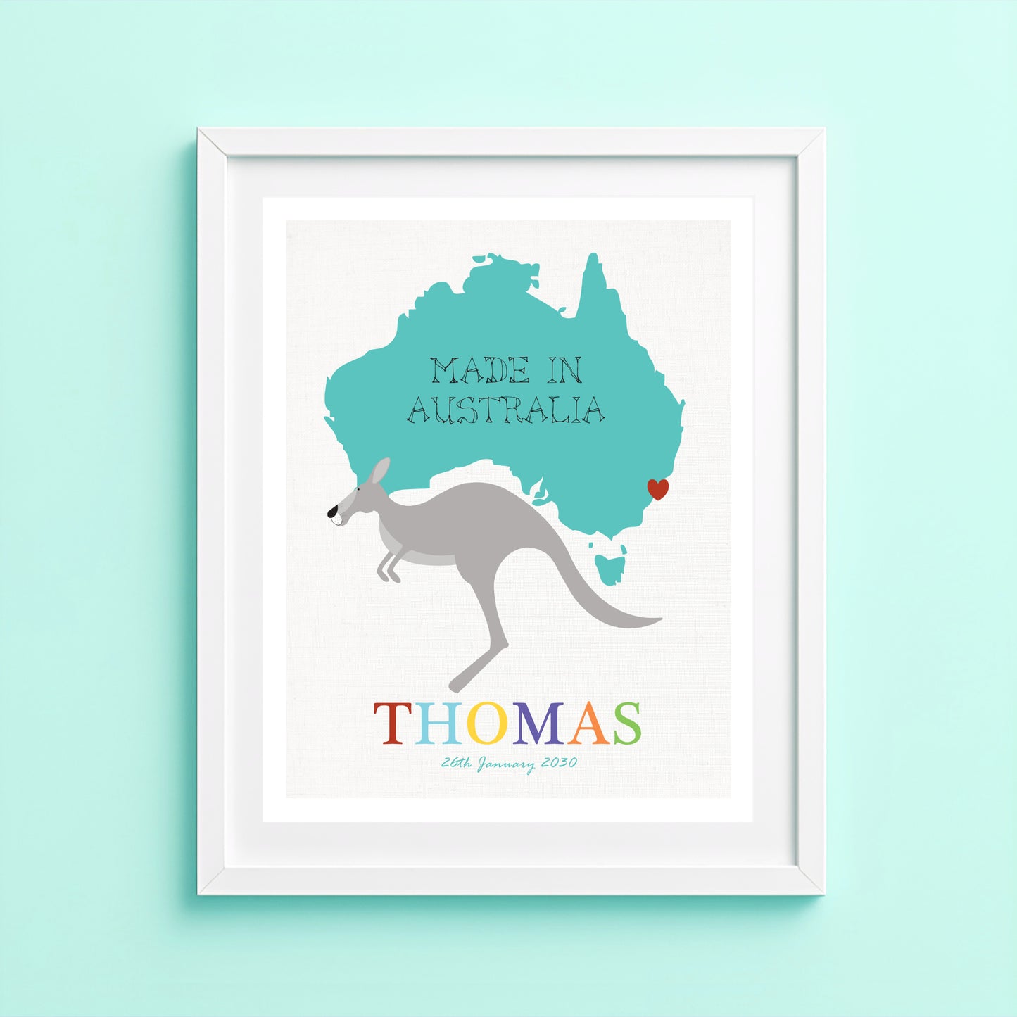 'Made in Australia' colourful print personalised artwork with kids name and birth date and kangaroo