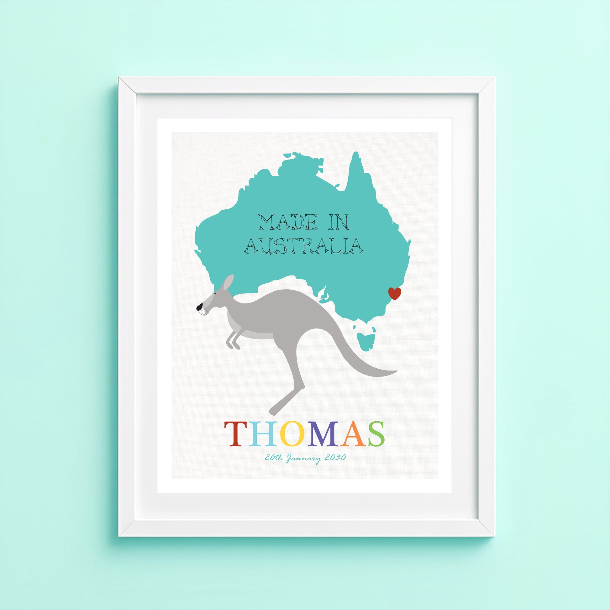 'Made in Australia' colourful print personalised artwork with kids name and birth date and kangaroo