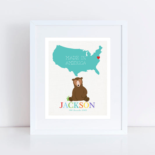 Brown bear illustration and American map with MADE IN AMERICA and child name on it