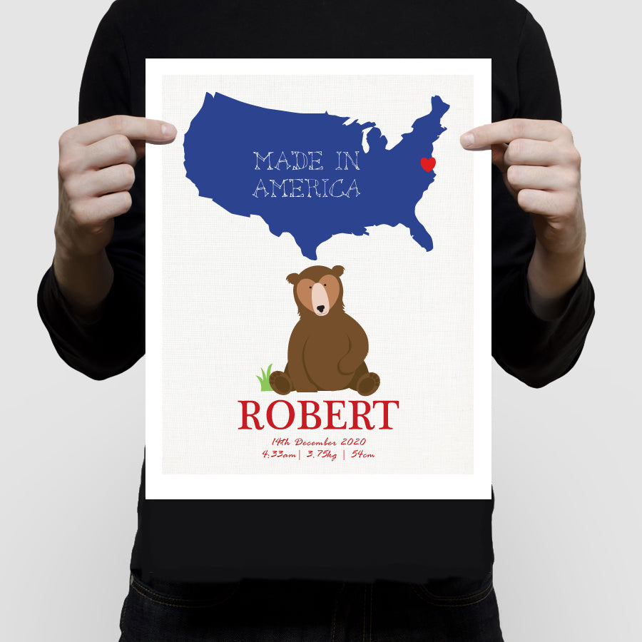 Made in American bear birth stats print