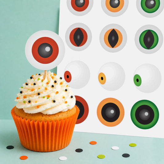 Halloween monster eye cupcake topper printable featuring a cupcake with a red monster eye party circle and printable monster eye sheet 