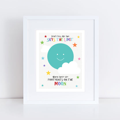 moon and colourful stars print with inspirational quote