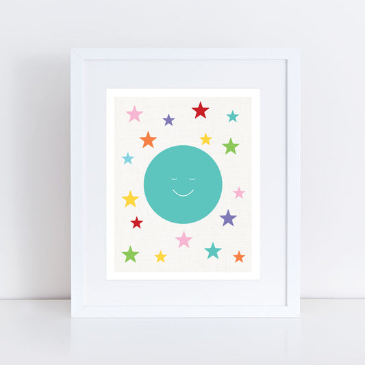 moon and multi-coloured stars print