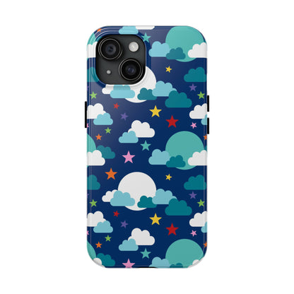 phone case showcases a whimsical pattern of fluffy clouds, colourful stars, and glowing moons on a deep blue background