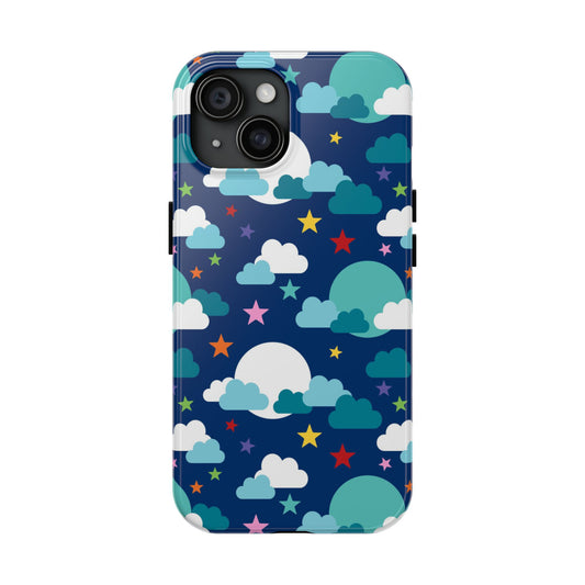 phone case showcases a whimsical pattern of fluffy clouds, colourful stars, and glowing moons on a deep blue background