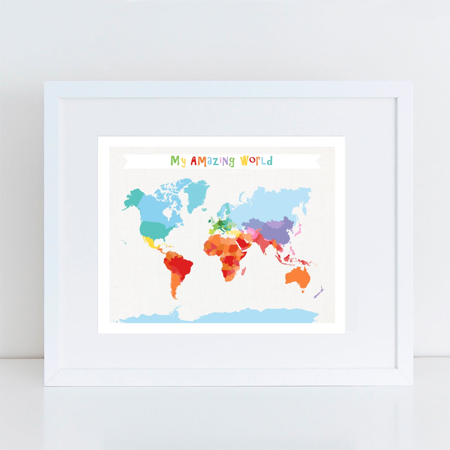 colourful kids world map with "My Amazing World" in fun rainbow colours.