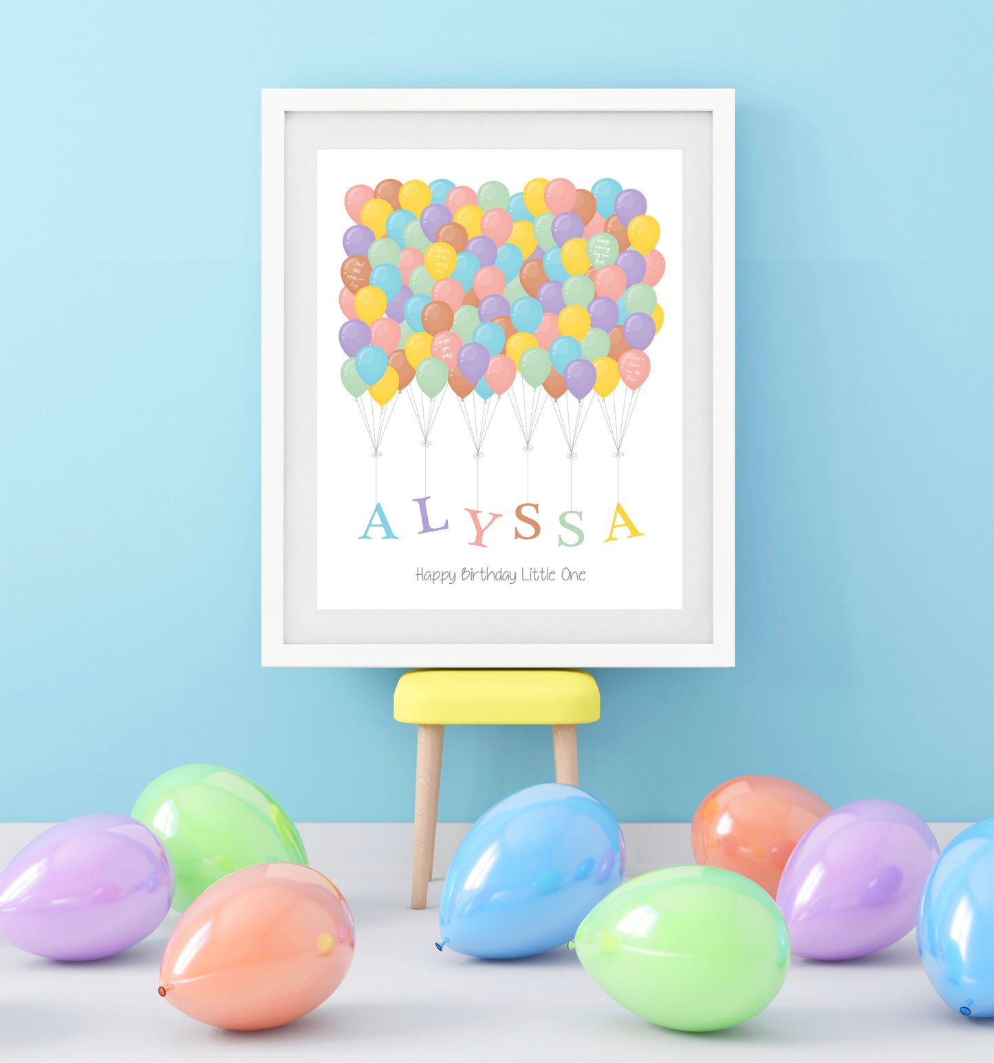party room with poster in frame surrounded by balloons showing personalised kids artwork shows your little ones name being lifted up by balloons