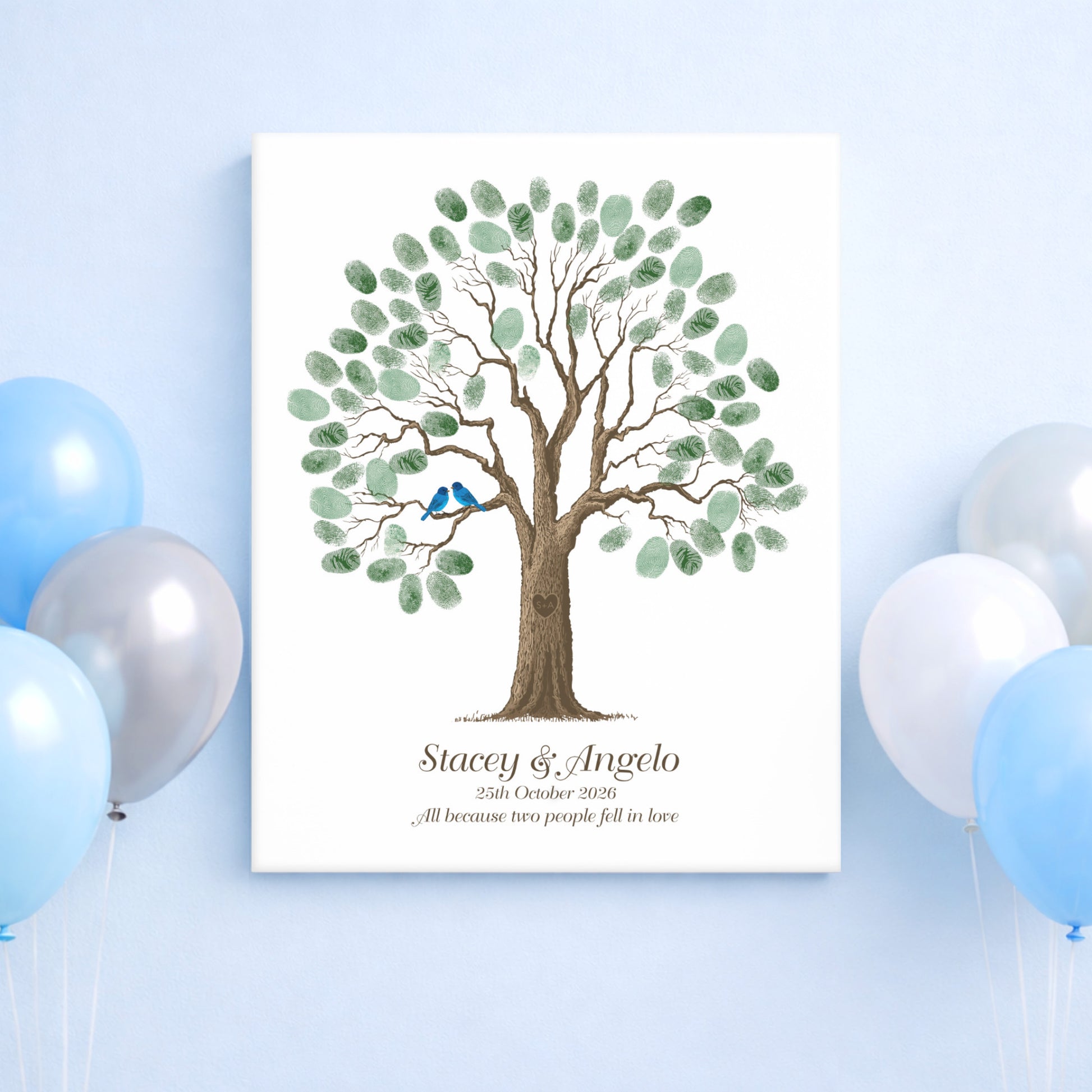 Fingerprint tree artwork with balloons on a light blue background
