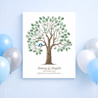 Fingerprint tree artwork with balloons on a light blue background