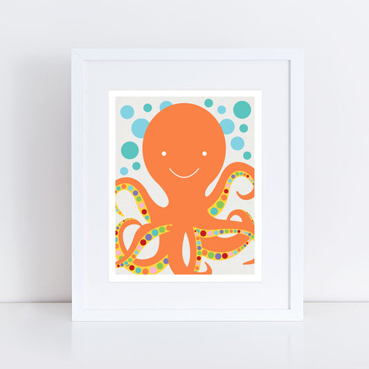bright orange octopus illustration with bubbles