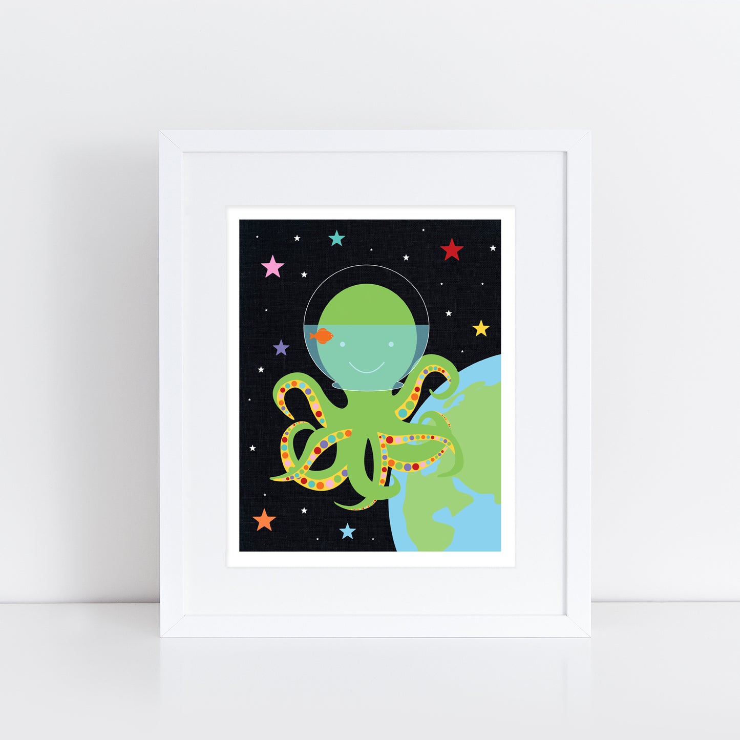 octopus in space with goldfish bowl on his head