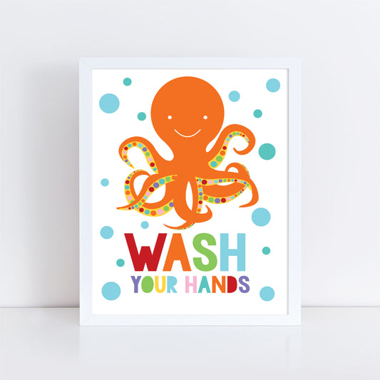 bathroom art on orange octopus and wash your hands