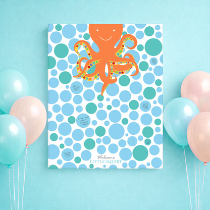 Guest book poster with an octopus design on a blue background surrounded by balloons